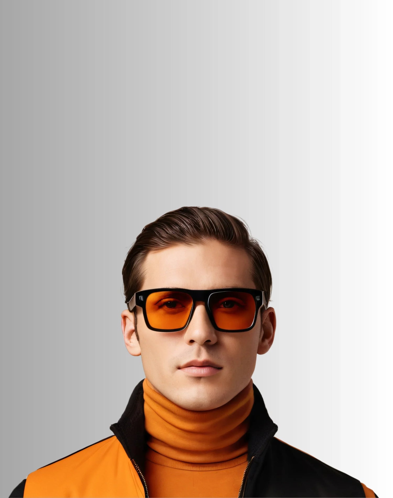 Man wearing orange sunglasses and an orange jacket against a gray background