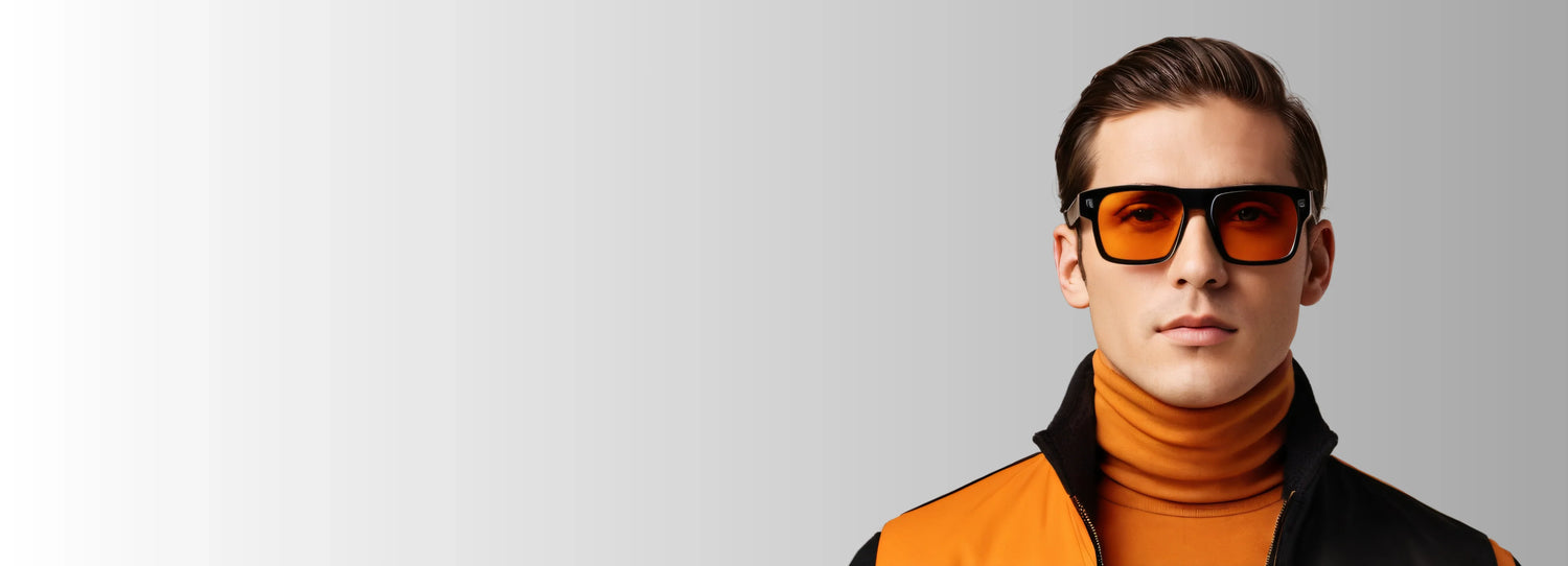 Man wearing orange-tinted sunglasses against a plain background